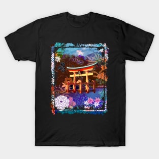 Japan Torii Gate In Water Mountain Collage Art 73 T-Shirt